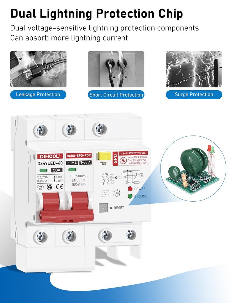 DIHOOL 50 Amp GFCI Breaker for Hot Tub Disconnect, 50A Miniature Circuit Breakers 240V with Panel Surge Protector - Image 3